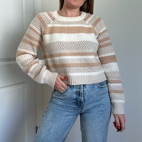 Open Knit Varigated Stripe Cropped Crew Neck Sweater - Picture 2 of 10